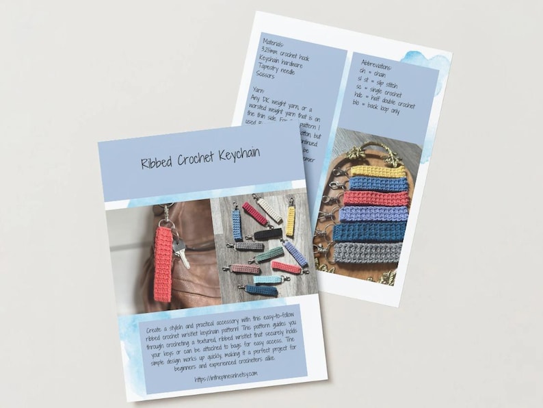 May include: A crochet pattern for a ribbed keychain. The pattern is easy to follow and includes instructions for making a variety of colours. The image shows several keychains in different colours, including red, blue, yellow, and grey.