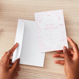 Pink Bow Baby Shower Invitation Template, Hand Drawn, Digital, Baby Shower Girl, Baby Shower Invite, Instant Download
