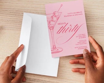Hello Thirty Minimalist Birthday Invitation Card | Birthday Party Invite | 30th Birthday Invite | Surprise Party Invite | Cocktails | Pink