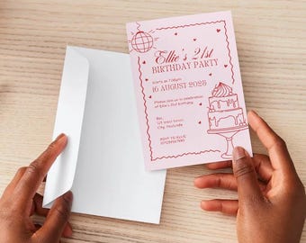 Pink 21st Birthday Invitation Template Editable Hand Drawn 21st Birthday Party Invite Bow Coquette Birthday Invite Pink Red Disco Cake