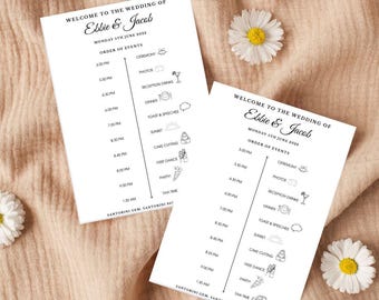 May include: A wedding ceremony schedule for Ebbie & Jacob on Monday, June 9th, 2023. The schedule lists the time and event, including the ceremony, photos, reception drinks, dinner, toasts and speeches, sunset, cake cutting, first dance, party, and taxi time. The schedule is printed on white paper with black text and icons.