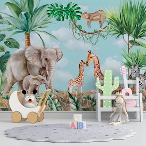 Carta da parati con animali della giungla elefante, carta da parati per bambini staccabile e attaccabile, carta da parati rimovibile per bambini, decalcomania da parete per cameretta dei bambini, autoadesiva, arte per la cameretta dei bambini