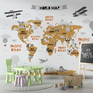 Papier peint animaux carte du monde, papier peint pour enfants, papier peint amovible pour enfants, sticker mural pour chambre d'enfant, auto-adhésif, décoration murale pour chambre d'enfant