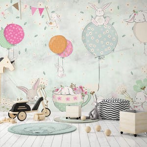 Süße Hasen-Tiertapete, Kindertapete zum Schälen und Aufkleben, Abnehmbare Tapete Kinder, Kinderzimmer-Wandtattoo, Selbstklebend, Kinderzimmer-Wandbild