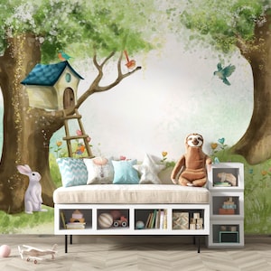 Kaninchen im Wald Tapete, Kinder Tapete zum Abziehen und Aufkleben, Abnehmbare Tapete Kinder, Kinderzimmer Wandtattoo, Selbstklebend, Kinderzimmer Kunst