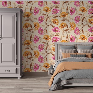 Papel pintado de flores naranjas y rosas, papel pintado floral autoadhesivo, papel pintado extraíble, mural de papel pintado botánico, papel pintado vintage, arte mural