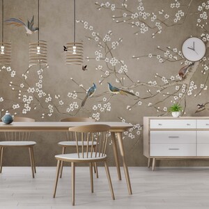 Brown Chinoiserie Asian Flower Wallpaper, Peel and Stick Floral Wallpaper, Removable Wallpaper, Botanical Wallpaper Mural, Vintage Wallpaper