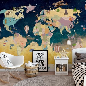 Papier peint carte du monde continents sombres, papier peint pour enfants, papier peint amovible pour enfants, sticker mural pour chambre d'enfant, auto-adhésif, décoration murale pour enfants