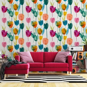 Watercolor Tulips Wallpaper, Peel and Stick Floral Wallpaper,Removable Wallpaper,Botanical Wallpaper Mural,Vintage Wallpaper, Wall Art