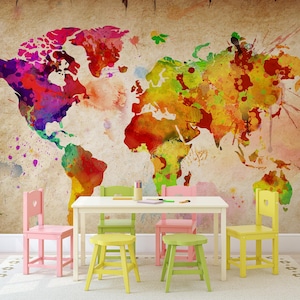 Papier peint carte du monde coloré, papier peint pour enfants, papier peint amovible pour enfants, sticker mural pour chambre d'enfant, auto-adhésif, décoration murale pour chambre d'enfant