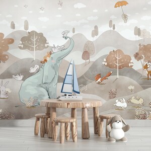 Tapete mit Elefant und Kaninchen, Kindertapete zum Schälen und Aufkleben, Abnehmbare Tapete Kinder, Kinderzimmer-Wandtattoo, Selbstklebend, Kinderzimmer-Kunst