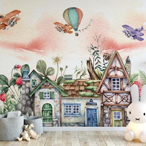 Die Waldhaus-Tapete, Kindertapete zum Schälen und Aufkleben, abnehmbare Tapete Kinder, Kinderzimmer-Wandtattoo, selbstklebend, Kinderzimmer-Wandbild