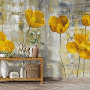 Papel pintado de tulipanes amarillos, papel pintado floral autoadhesivo, papel pintado removible, mural de papel pintado botánico, papel pintado vintage, arte mural