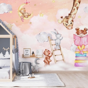 Tapete für Mädchen und Tiere, Kindertapete zum Abziehen und Aufkleben, Abnehmbare Tapete Kinder, Kinderzimmer Wandtattoo, Selbstklebend, Kinderzimmer Wandbild