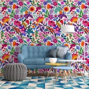 Papel pintado con estampado de flores de neón, papel pintado floral autoadhesivo, papel pintado extraíble, mural botánico, papel pintado vintage, arte mural
