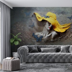 Yellow Hat with Women Portrait Wallpaper, Art Wallpaper, Peel and Stick Wallpaper, Removable Wallpaper, Retro Wallpaper, Abstract Wallpaper