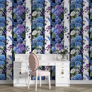 Papel pintado de flores de hortensia, papel pintado floral autoadhesivo, papel pintado removible, mural de papel pintado botánico, papel pintado vintage, arte mural