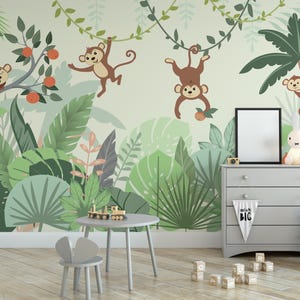 Niedliche Affen Tapete, Kinder Tapete zum Schälen und Aufkleben, Abnehmbare Tapete Kinder, Kinderzimmer Wandtattoo, Selbstklebend, Kinderzimmer Wandbild