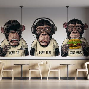 Three Monkeys Don&#39;t Actions Wallpaper, Art Wallpaper, Peel and Stick Wallpaper, Removable Wallpaper, Retro Wallpaper, Abstract Wallpaper