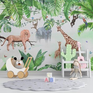 Tropische Tiere Tapete, Kinder Tapete zum Schälen und Aufkleben, Abnehmbare Tapete Kinder, Kinderzimmer Wandtattoo, Selbstklebend, Kinderzimmer Wandbild
