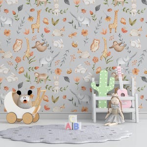 Carta da parati grigia con gufi e conigli, carta da parati per bambini staccabile e adesiva, carta da parati rimovibile per bambini, decalcomania da parete per cameretta, autoadesiva, murale per cameretta.