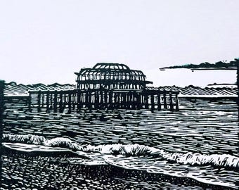 Old Pier Linocut Print – Brighton & Hove Seaside Wall Art – Hand Printed Coastal Artwork – 6x6inch Small Original