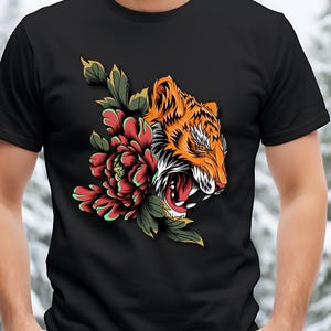 Tijger en pioen PNG, vintage tattoo-stijl sublimatieontwerp, felle tijger bloemen digitale download voor T-shirt, mok, draagtas