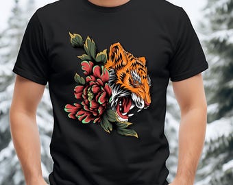 Tiger and Peony PNG, Vintage Tattoo Style Sublimation Design, Fierce Tiger Floral Digital Download for T-Shirt, Mug, Tote Ba