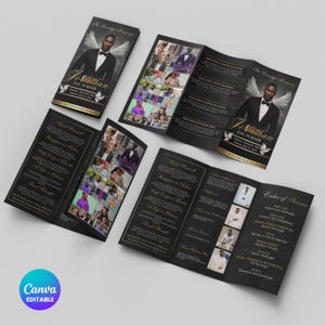 May include: Black and gold funeral program with a photo of a man in a tuxedo. The program includes the name "Jonathan Lee Turner", dates, and the text "In Loving Memory". The Canva logo is visible.