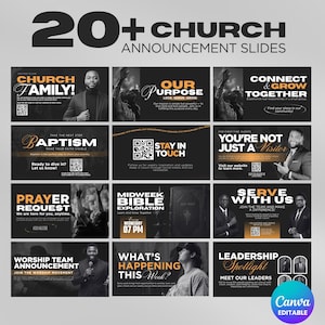 May include: A collection of 20+ church announcement slides with various themes. Each slide features text and images, including "Church Family," "Our Purpose," and "Baptism." The slides are designed for Canva and are editable.