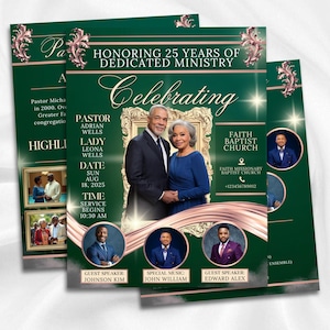 May include: A green and gold flyer for a church event, featuring a photo of a couple and the text "Honoring 25 Years of Dedicated Ministry." The flyer includes the date, time, and names of guest speakers.