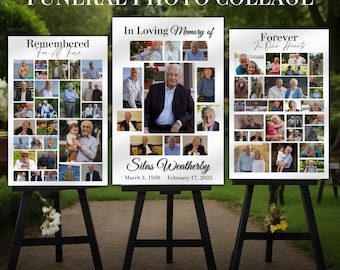 Modelli per collage di foto funebri, cartello di benvenuto modificabile per funerali, celebrazione della vita, poster commemorativo stampabile, in amorevole ricordo