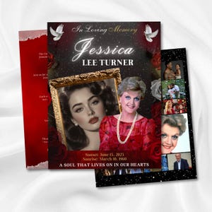 Peut inclure: Carte commémorative avec le texte "In Loving Memory Jessica Lee Turner". La carte présente un portrait de femme dans un cadre doré, une photo d'une autre femme et des photos supplémentaires. La carte a un code couleur rouge et noir.