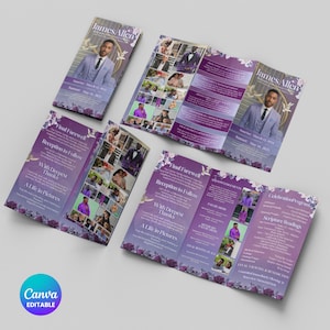 May include: A collection of trifold memorial programs with a purple and white floral design. The programs feature a photo of a man in a suit, the name "James Allen", and event details. The Canva Editable logo is visible.