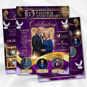 May include: Purple and gold flyers for the 15th Pastoral Anniversary, featuring a couple in formal attire. The flyers include event details: date, time, guest speakers, and the Faith Missionary Baptist Church logo. Decorative elements include doves and ornate gold frames.