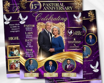 4 Page Pastor Anniversary Program Template, Purple And Gold Church Anniversary Bi-Fold Brochure, Canva Editable Pastor Appreciation Program