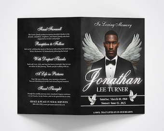 Plantilla de programa funerario en blanco y negro de 8 páginas, editable, en memoria de un ser querido, programa de obituario, celebración de la vida, programa conmemorativo imprimible.