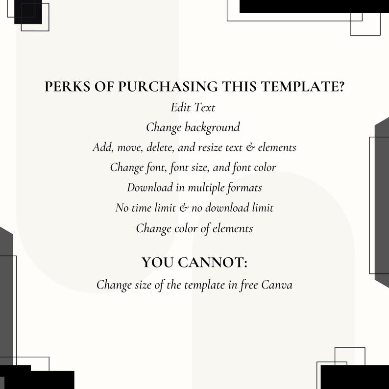 以下が含まれることがあります： 白の背景に、黒とグレーの幾何学模様とテキスト。テキストは「PERKS OF PURCHASING THIS TEMPLATE?」と書かれており、テキストの編集、背景の変更、複数の形式でのダウンロードなどの機能がリストされています。