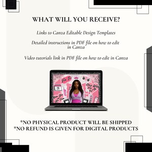 K&ouml;nnte beinhalten: Ein Laptop zeigt eine rosa-schwarze Grafik mit einer Frau und Text. Der Text auf dem Bildschirm enth&auml;lt "Vote For" und "Once You See Her". Das Bild enth&auml;lt auch den Text "What Will You Receive?" und Details zu Canva-Vorlagen.