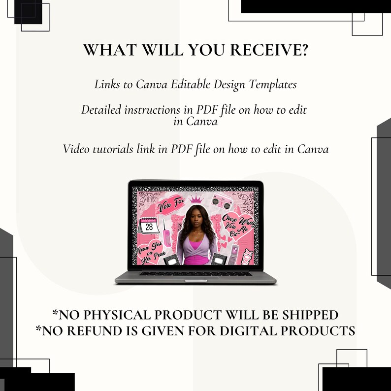 K&ouml;nnte beinhalten: Ein Laptop zeigt eine rosa-schwarze Grafik mit einer Frau und Text. Der Text auf dem Bildschirm enth&auml;lt "Vote For" und "Once You See Her". Das Bild enth&auml;lt auch den Text "What Will You Receive?" und Details zu Canva-Vorlagen.