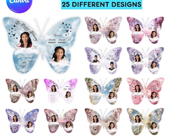Plantilla personalizable de pin conmemorativo de mariposa para funerales, diseños editables de pins conmemorativos de mariposa para camisetas, recuerdo funerario, en memoria amorosa