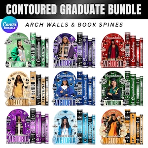 May include: A selection of graduation designs with arch walls and book spines. Each design includes a photo of a graduate, the name "Victoria", the year "2026", and the words "Senior", "Congratulations", and "Graduates". The designs are in various colours.