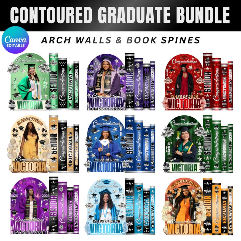 May include: A selection of graduation designs with arch walls and book spines. Each design includes a photo of a graduate, the name "Victoria", the year "2026", and the words "Senior", "Congratulations", and "Graduates". The designs are in various colours.