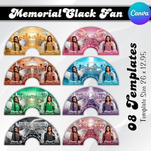 May include: A collection of eight memorial fan templates with a semi-circular design. Each fan features a portrait of a person with angel wings, the name "Natalie Robinson", and memorial text. The templates are in various colors.