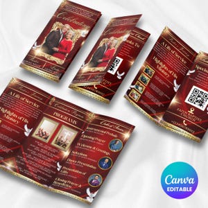 Pastor Anniversary Program Template, Red And Gold Church Anniversary Trifold Brochure, Canva Editable Pastor Appreciation Program