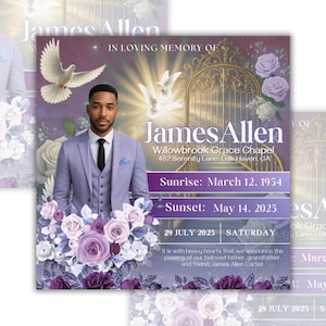 Op de afbeelding: Een herdenkingsaankondiging met een portret van James Allen, met data en locatie. Het ontwerp bevat duiven, bloemstukken in paarse tinten en een gouden poortillustratie.