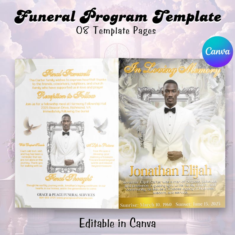 以下が含まれることがあります： 「Funeral Program Template」と「08 Template Pages」のテキストが入った葬儀プログラムテンプレート。白いスーツを着た人物の写真、鳩、花の要素が含まれています。「In Loving Memory」のテキストも表示されています。