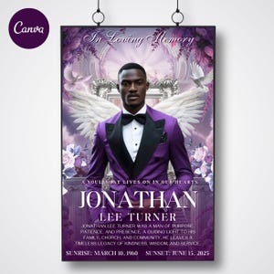 May include: A memorial poster featuring a man in a purple suit with a black bow tie, angel wings, and the text "In Loving Memory." The poster includes the name "Jonathan Lee Turner" and a brief biography, with sunrise and sunset dates.