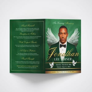 May include: A memorial card with a green and gold border. The right side features a photo of a man in a green suit with angel wings. The name "Jonathan Lee Turner" is written in gold script. The card includes dates and a quote.