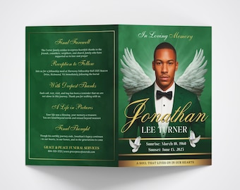 Plantilla de 8 páginas para el programa funerario "Green And Gold", editable, en memoria de un ser querido, programa de obituario, celebración de la vida, programa conmemorativo imprimible.